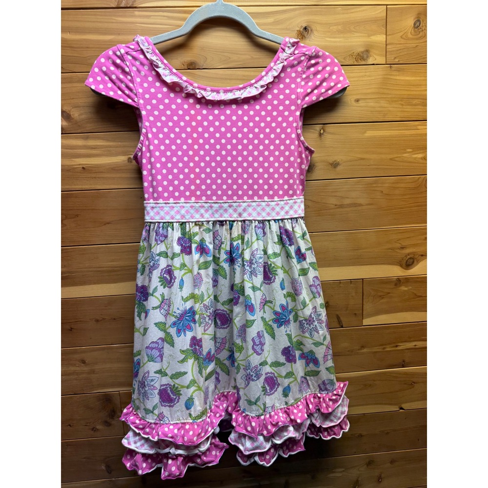 Matilda Jane Girls 12 Pink Polka Dot Floral Mixed Media Ruffle Dress Sash Back